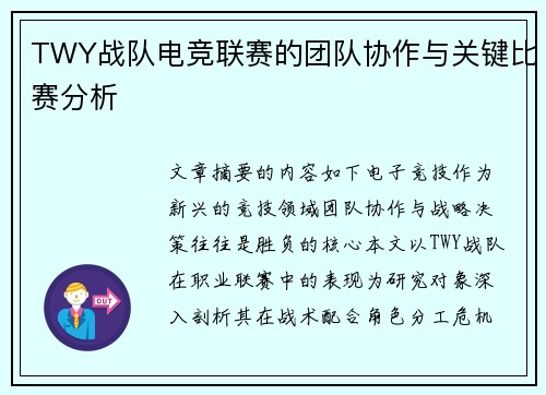 TWY战队电竞联赛的团队协作与关键比赛分析