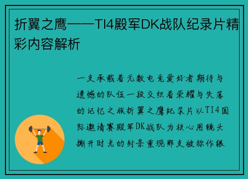 折翼之鹰——TI4殿军DK战队纪录片精彩内容解析